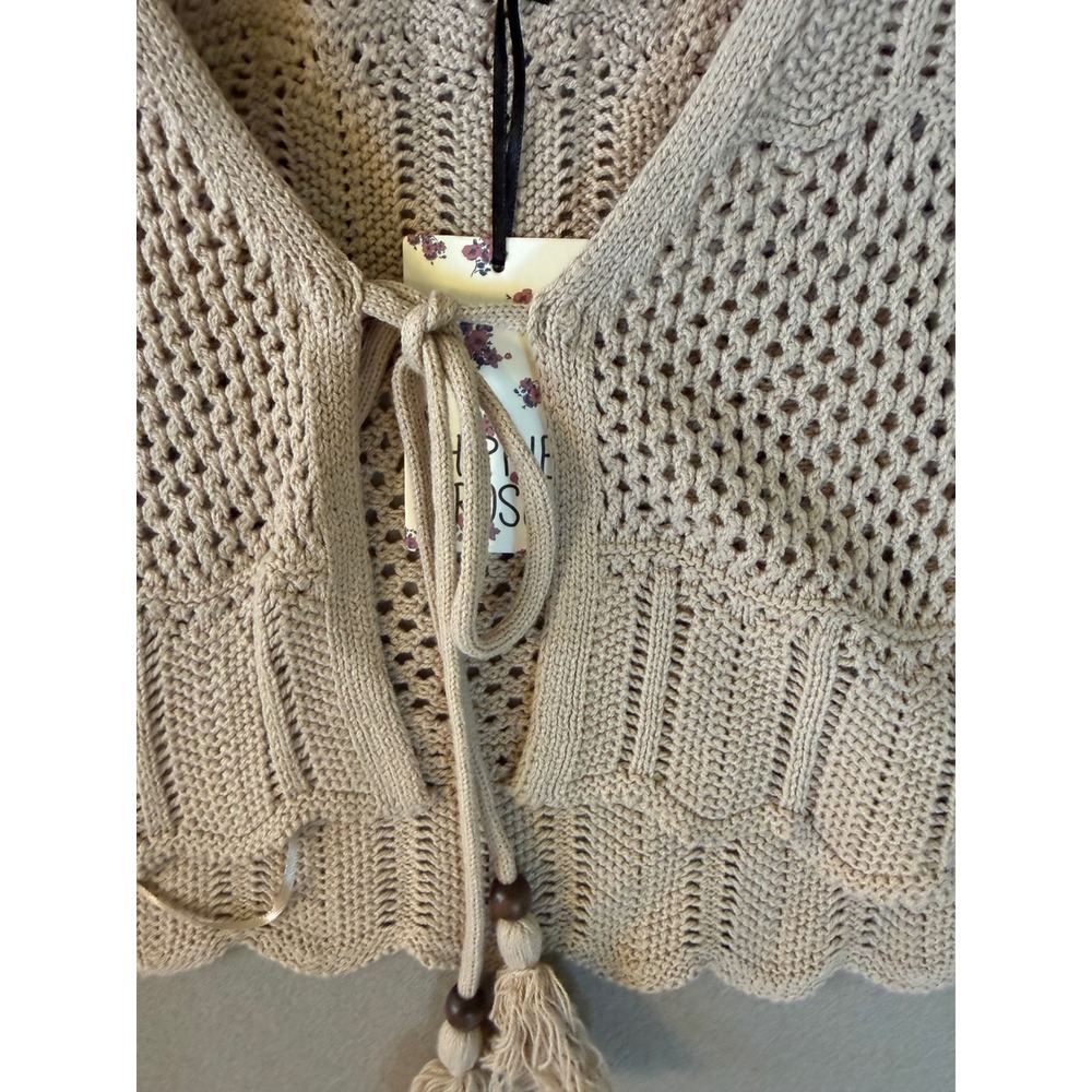 Hippie Rose Sand Stone Crochet Tassel Tie Front Cropped Vest 4T01859 Small NEW - Picture 4 of 6